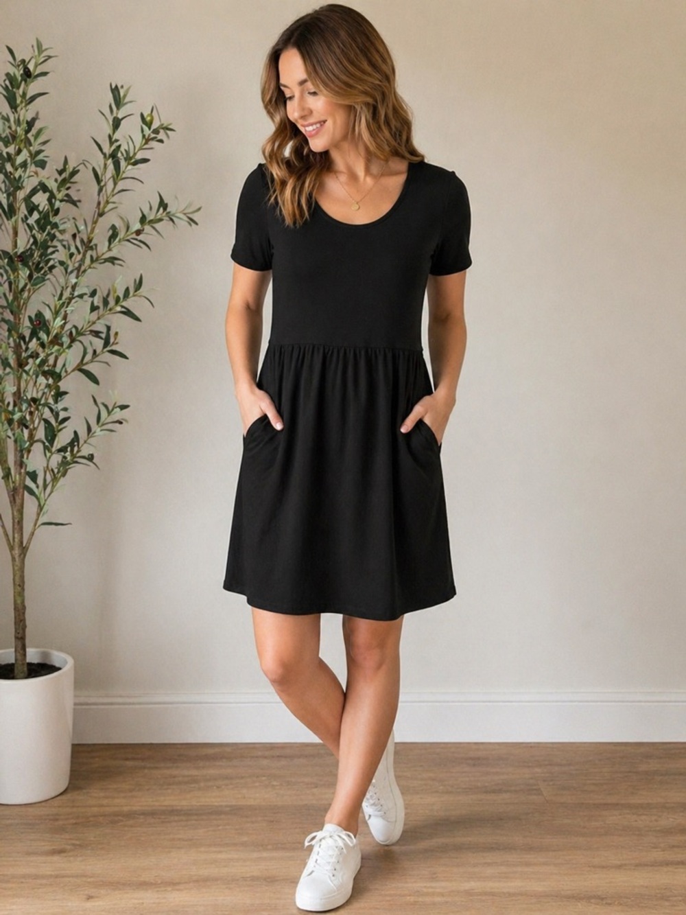 Lands’ End Black Knit Dress Pockets Short Sleeve Casual Size M